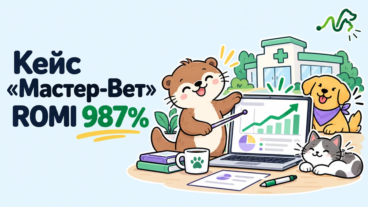 Лилла показывает рост графика окупаемости на ноутбуке, рядом собака и кошка: кейс «Мастер-Вет», ROMI 987%
